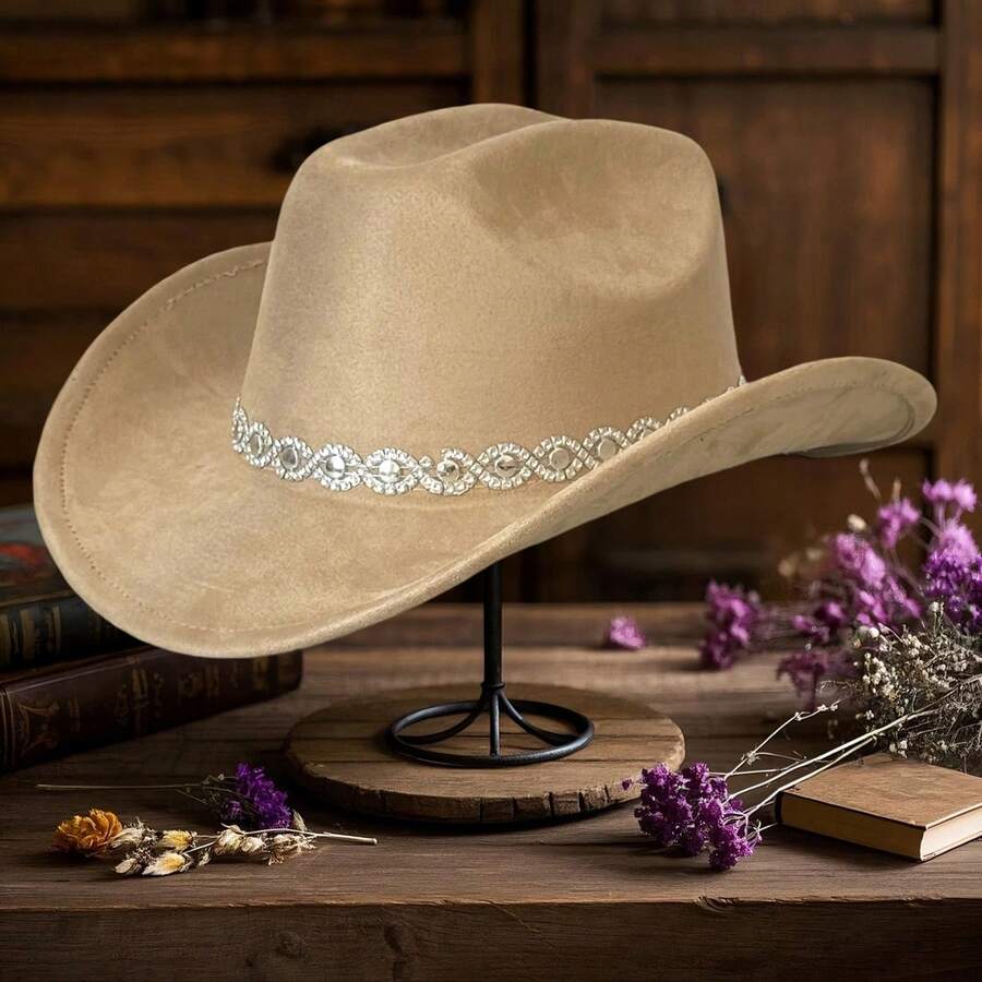 Rhinestone Western Cowgirl Hats Fashionable Elegant Wide Brim Fedora Caps For Women And Men - 卡其色 - 查看 1