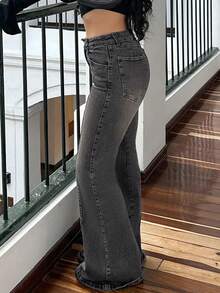 Women Bootcut Jeans Flare Jeans Mid-High Waisted Stretchy Straight Leg Jeans Seamed Front Loose Denim Pants Spring Clothes - 灰色 - 查看 2