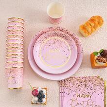 Pink & Gold Foil "Happy Birthday" Disposable Tableware Set, 7/9 Inch Party Plates, Napkins, Cups, Birthday Party Gifts, Party Decorations Suitable For Birthday Theme - Multicolor - View 3