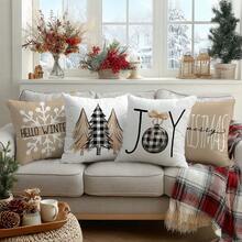 4pcs Christmas Minimalist Khaki Snowflake & Christmas Tree Illustration Cushion Cover Set, Single-Sided Printed Peach Velvet Material, 45*45/50*50/40*40CM Pillow Case Suitable For Room Decor, Modern Minimalist Sofa Living Room Decor, Gift, Party Decoration