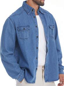 Men's Casual Fashion Street Snap Flap Pocket Loose Denim Shirt, Spring/Autumn, Long Sleeve Top
