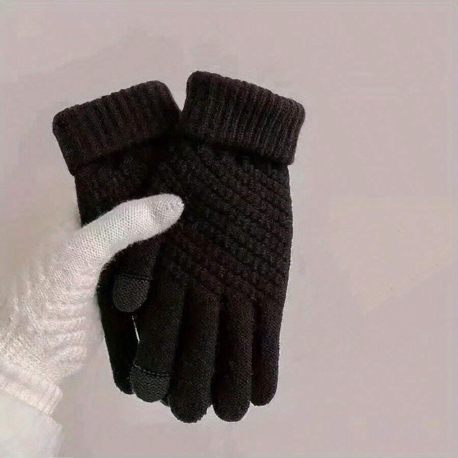 A Pair Of Touchscreen-Compatible Knitted Thermal Gloves - Polyester Knitted Fabric With Stretch Closure For Cycling And Hiking In Autumn And Winter - Hand Washing Recommended - Black - View 1