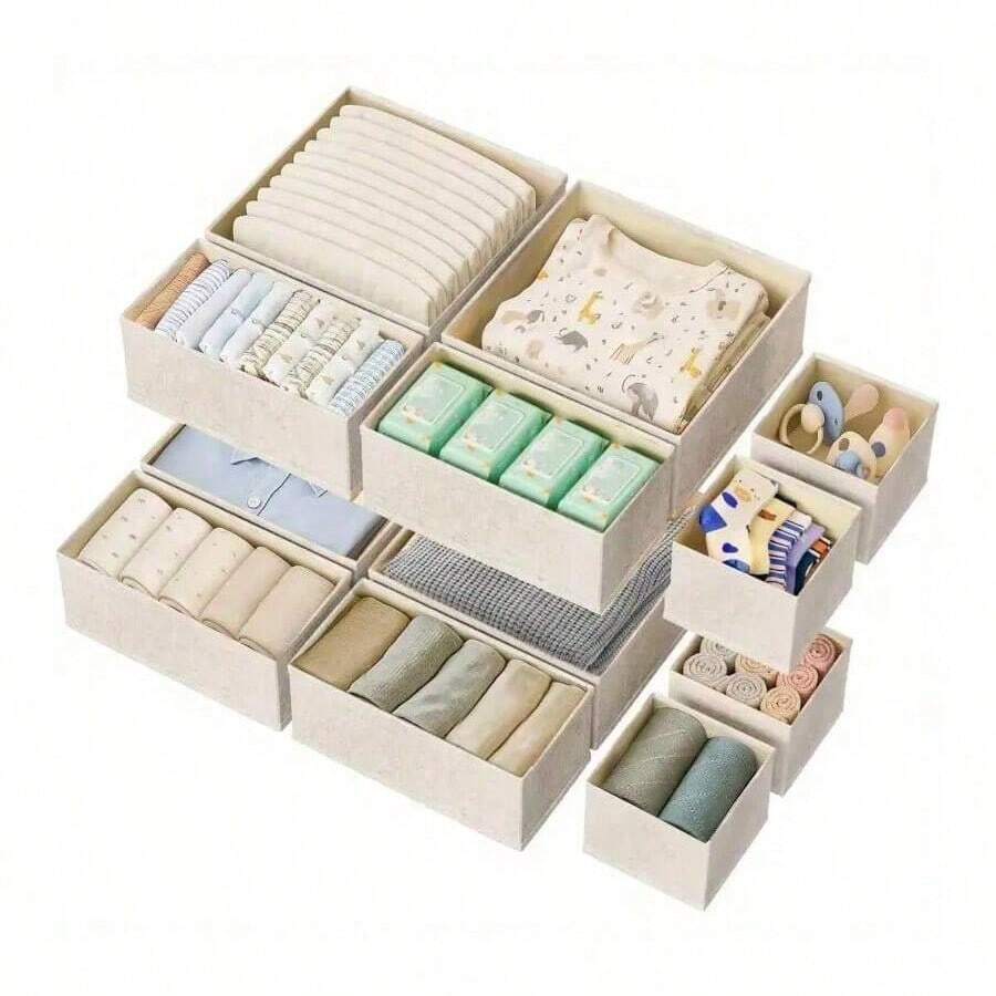 12pcs/6pcs/4pcs/3pcs/1pc Beige Baby Clothes Fabric Compartment Underwear Storage Box, Foldable Deep Drawer Organizer For Socks, Bras, Towels, Ties, Newborn Baby Gifts