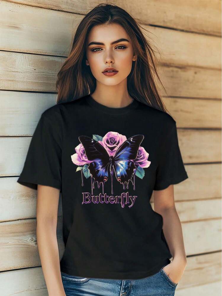 Women's Summer Casual T-Shirt Fashion Butterfly Rose Flowers Retro Style Print Short Sleeve Round-Neck Tops - Svart - Visa 1