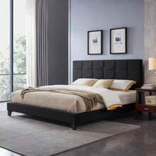 KING SIZE UPHOLSTERED PLATFORM BED FRAME WITH MODERN TUFTED WAFFLE STITCHING, EASY ASSEMBLY, CHARCOAL GRAY