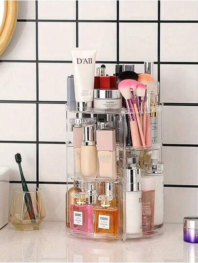360° Rotating Makeup Organizer With Adjustable Layers - Multi-Tier Clear Plastic Storage Rack For Cosmetics, Jewelry & Bathroom Countertop Organization - Space-Saving Desktop Organizer, Makeup Organizers Storage, Jewelry Holder, Elegant Design, Durable Construction