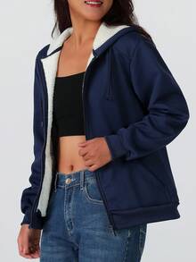 女士保暖连帽外套，简约纯色，常规长度，休闲风格，适合日常穿着，秋冬季 - 藍色 - 查看 5