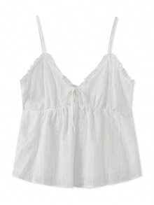 Women Babydoll Y2k Tank Top Teen Girls Fairy Ruffle Lace Trim Cami Spaghetti Strap V Neck Crop Top - 白色 - 查看 3