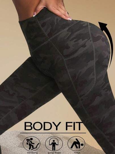 Women's Camo Outdoor High-Waisted Sculpting Leggings Abdominal Control With Pockets – Breathable Knit Crops In Black, Designed For Running, Cycling, Fitness And All-Season Active Wear