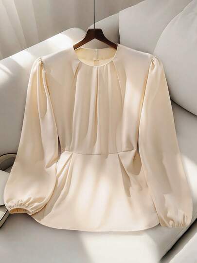 Plus Size Women's Solid Color Pleated Round Neck Puff Sleeve Cinched Waist Slimming Elegant Blouse, Suitable For Outdoor, Street, Airport, Daily Office, Vacation, Beach, Holiday, Date, Travel