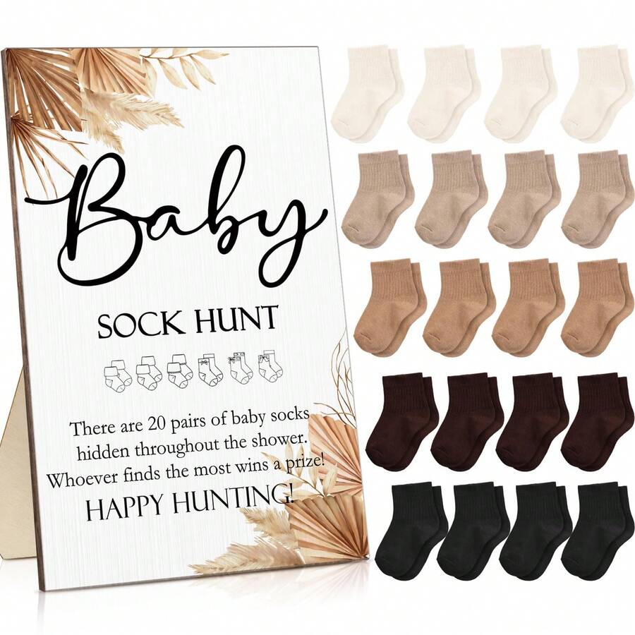 21pcs Party Supplies Shower Games Include Sock Hunt Sign And 20 Pair Small Cotton Socks Wooden Table Sign With Holder For And Gender Reveal Party Favors Easter Gifts - sock-Classical - 查看 1