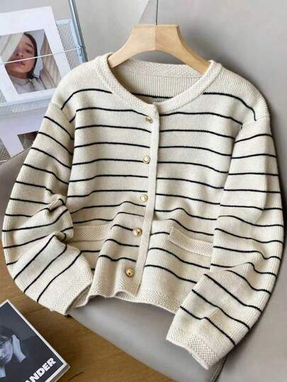 女士纯色长袖休闲宽松开衫，黑白条纹拉链设计，秋冬校服，圆领外套，哥特风格服饰，女士约会夜装，Y2女士长袖基本款上衣，适合日常通勤、春假、度假装、演唱会装、波西米亚风、音乐节、节日、圣诞节装、万圣节服装、感恩节和春节女装