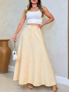 Women's Long Round Skirt Tailoring Evangelical Fashion Casual Basic Winter High Waist Elegant - 卡其色 - 查看 4