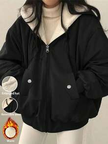 女式超大号连帽派克大衣，仿毛领，修身廓形，双口袋，可双面穿，休闲街头风，秋冬短款夹克 - 黑與白 - 查看 5