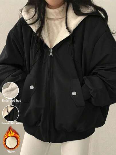 女式超大号连帽派克大衣，仿毛领，修身廓形，双口袋，可双面穿，休闲街头风，秋冬短款夹克