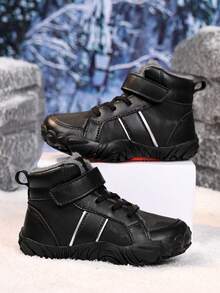 Dziecięce buty sportowe na świeżym powietrzu, zimowe buty trekkingowe, chłopięce buty barefoot, grube, ciepłe buty sportowe z termiczną podszewką, odpowiednie do noszenia na co dzień, wędrówek i uprawiania różnych sportów - Czarne - Zobacz 10