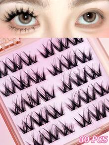 30 件 D 卷漫画睫毛狐狸猫簇睫毛，3 个简单步骤打造漫画眼妆，角色扮演漫画睫毛延长，蓬松纤细睫毛，狐狸猫睫毛，独立自然长款可重复使用睫毛，适用于家庭派对、情人节、旅行、拍照、节日化妆、亚洲风格睫毛簇、睫毛簇、独立睫毛、睫毛、假睫毛 - 黑色 - 查看 2