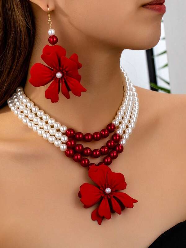 3pcs/Set Women's Jewelry Set, Red Flower 3-Layer Pearl Necklace & Earrings Set, Bohemian Vintage Elegant Fashion Accessories Suitable For Gifts, Parties, Banquets And Daily Wear