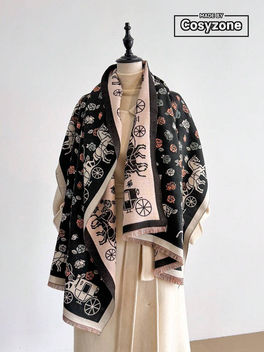 1 pezzo Elegante sciarpa jacquard a motivo di carrozza con rose, scialle/coperta calda per donna, versatile per uso quotidiano, ambienti climatizzati, autunno/inverno, alla moda, scalda collo, adatto come regalo