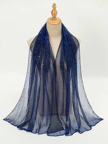 1条金属丝亮片点缀轻薄围巾，女士纯色透明亮片披肩，可搭配连衣裙 - 寶藍色 - 查看 3