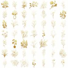 50 Peças Adesivos Transparentes Dourados de Plantas, Decalques Decorativos de Plantas Vintage em PET para Scrapbook, Diário, Laptop, Pára-choque, Skate, Garrafa de Água, Computador, Celular, Desenho Animado, Adesivos