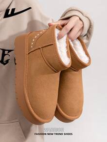 WARRIOR 1 Pair Women's Warm Thick Snow Boots, 2025 Autumn/Winter New Arrival, Tube Design, Thick Sole, Fashionable Short Tube Boots, Slip-On, Outdoor Winter Shoes - Camel 1863 - View 9