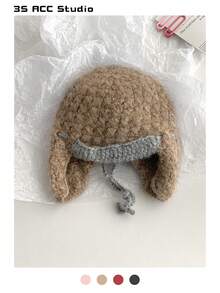 1pc Vintage Mixed Color Knitted Earflap Hat, Warm & Versatile For Women In Autumn/Winter