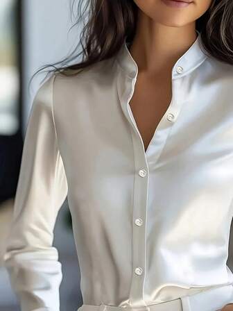 Women's Elegant Satin Long Sleeve Shirt - Versatile Solid Color Button-Up Blouse, Classic Collar, Soft & Smooth Fabric, Machine Washable & Dry Cleanable, Suitable For Office, Casual And Formal Occasions, High-End Style, Easy Care Fabric, Suitable For Spring, Summer, Autumn And Winter