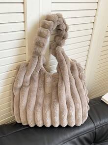 1 件秋冬新款蓬松大容量单肩托特包，时尚单肩手提包，毛茸茸的通勤单肩包，适合女士度假和日常购物，妈妈礼物，新款女士毛皮包 - 卡其色 - 查看 7