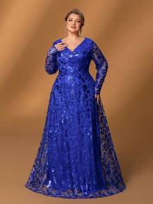 Faeriesty Mosy Elegant Plus-Size Mother Of The Bride Dress With Sophisticated V-Neck & Long Sleeves, Flattering A-Line Formal Gown For Weddings, Galas, Black-Tie Events, Evening Banquets, And Luxury Charity Functions - Royal Blue - View 7