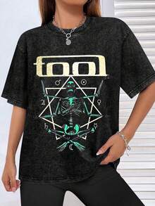 EWH Rock Tool Band Theme, Men's Washed T-Shirt, Skull Mysterious Symbol Print, Vintage Loose Short Sleeved ShirtDG004 - màu đen - Xem 3