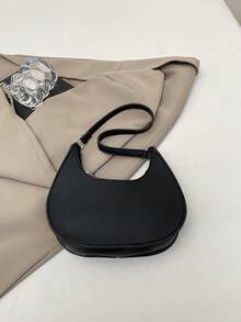 1 pièce Sac à bandoulière en croissant zippé en PU de couleur unie à texture de litchi, portable, convenant pour un usage quotidien des femmes en automne/hiver - Noir - Voir 8