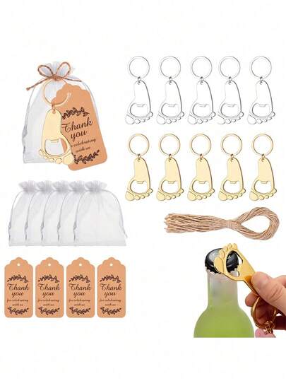 1/12/24 件脚印钥匙扣，包括束口袋、卡片、绳子、创意小礼物、脚印钥匙圈吊坠，适用于婚礼、新娘送礼会、生日派对礼物、回礼、装饰、婚礼宾客回礼、圣诞礼物、厨房和酒吧配件、返校、圣诞装饰