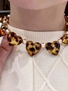 1 件复古豹纹心形珍珠串珠项链 - 小巧时尚高端设计，奢华质感 - 心形锁骨链 - 彩色 - 查看 5