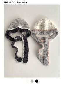 1 件女士拼色蓬松针织连帽帽，厚实温暖的冬季无檐小帽，可爱的套头帽，秋冬 - 彩色 - 查看 5