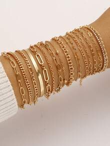 17/15/11 件时尚简约经典编织蛇链心形多层手链套装，女士生日节日派对婚礼周年圣诞礼物，百搭日常佩戴 - 金黃色 - 查看 10