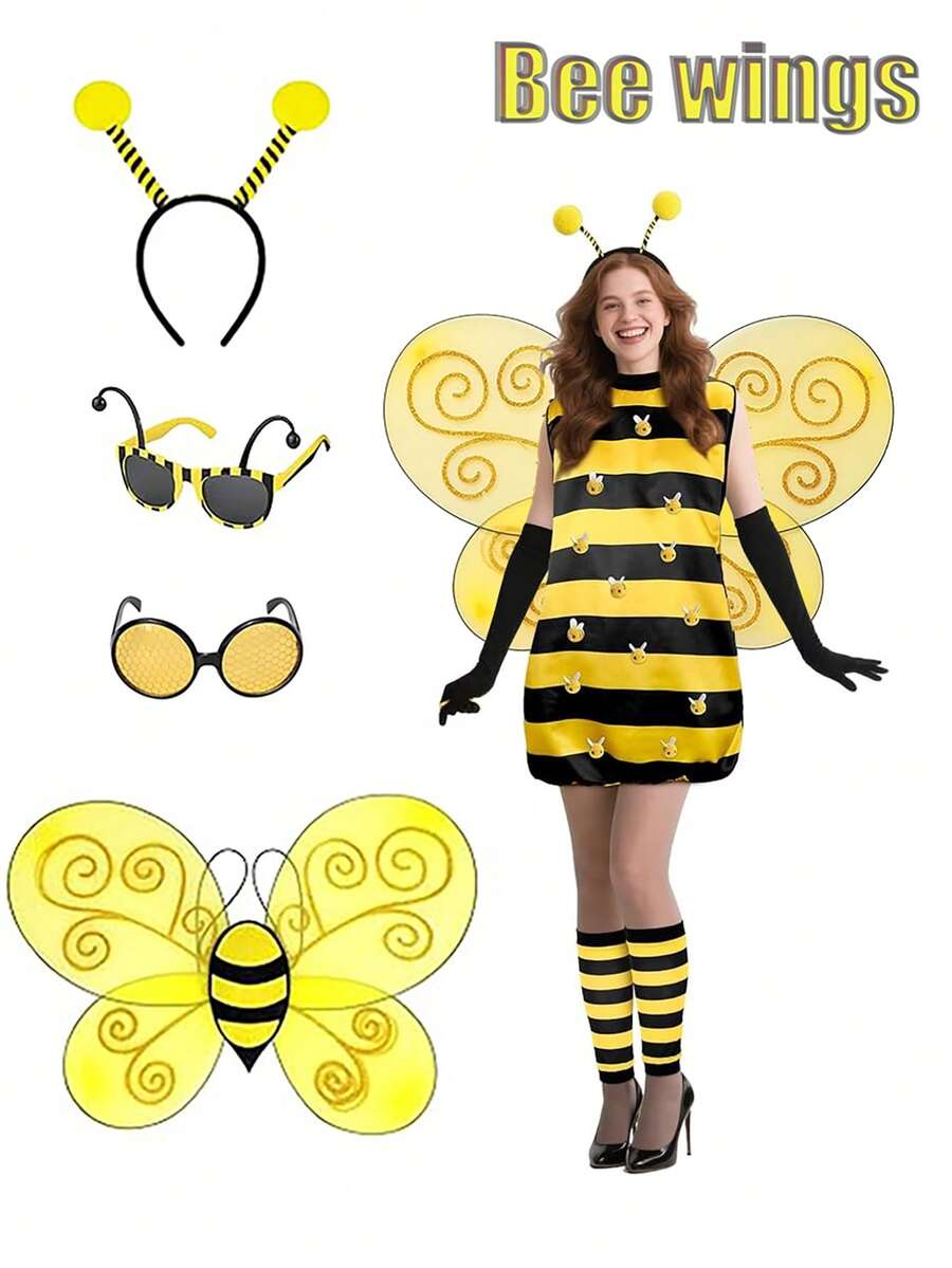 2PCS Beesuit - Women's Bee Wings + Bee Headband + Beehive Glasses And Yellow Ballet Dress, A Cute Halloween Beesuit, Suitable For Adults For Various Festivals, Small Animal Role-Playing Props