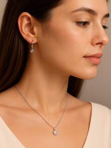 Fashion Sparkling Necklace And Earrings Set With Round  Pendant, 925 Silver Plated - Bạc - Xem 1