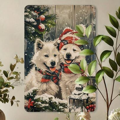 8" X 12" Christmas Puppy Metal Sign, Vintage Iron Wall Art, Engraved Holiday Dog In Santa Hat, Suitable For Gym, Cafe, Garage, Restaurant, Home, Garden Decor, Indoor/Outdoor, Random Hole Style