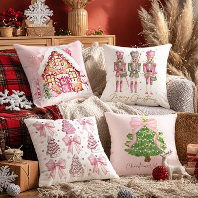 MEMNUN 4 Stücke Weihnachten Rosa Schleife Weihnachtsbaum Nussknacker Süßigkeitenhaus Kissenbezüge [ohne Kissenfüllung], 45 x 45 cm, [einseitig Muster] Fröhliche Weihnachten Polyester Kissenbezüge, Weihnachtsdekoration, Raumdekoration, Heimdekoration, Schlafzimmerdekoration, Dekorationsmaterial für Sofa, Wohnzimmer, Schlafzimmer, Auto, Büro, Hotel, Homestay, tolles Weihnachtsgeschenk für Familie und Freunde