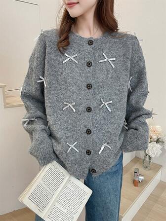 เสื้อคาร์ดิแกนถักสไตล์เกาหลี Patchwork โบว์นอตลำลองสำหรับผู้หญิง, ฤดูใบไม้ร่วง/ฤดูหนาว