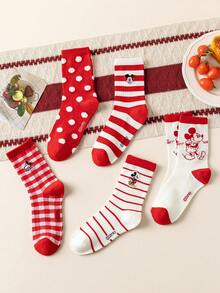 5双装正品迪士尼女士袜子，米奇刺绣红色新年礼物袜，卡通圣诞刺绣袜，新年动画袜，男女通用卡通英雄袜，创意趣味迪士尼袜子 - 彩色 - 查看 7