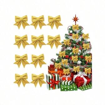 Red Christmas Bow, ACTOYS 10 Pieces Glitter Christmas Bows, Christmas Ribbon Bow, Christmas Tree Bow, Glitter Bows, Christmas Tree Decoration