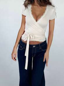 Women's Y2k Lace Trim Crop Tops Short Sleeve V Neck Slim Fit Blouse Summer Casual Going Out Tops Club Streetwear - trắng - Xem 1