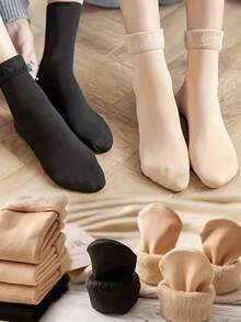 1/2/3/6 Pairs Of Plush Solid Color Socks - Warm Chunky Breathable Socks - Women's Stockings And Pantyhose - Multicolor - View 5