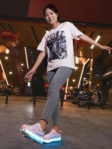 青少年轮滑鞋，带轮鞋，四轮滑鞋，小号四轮鞋，LED充电发光鞋 - 粉色 - 查看 9