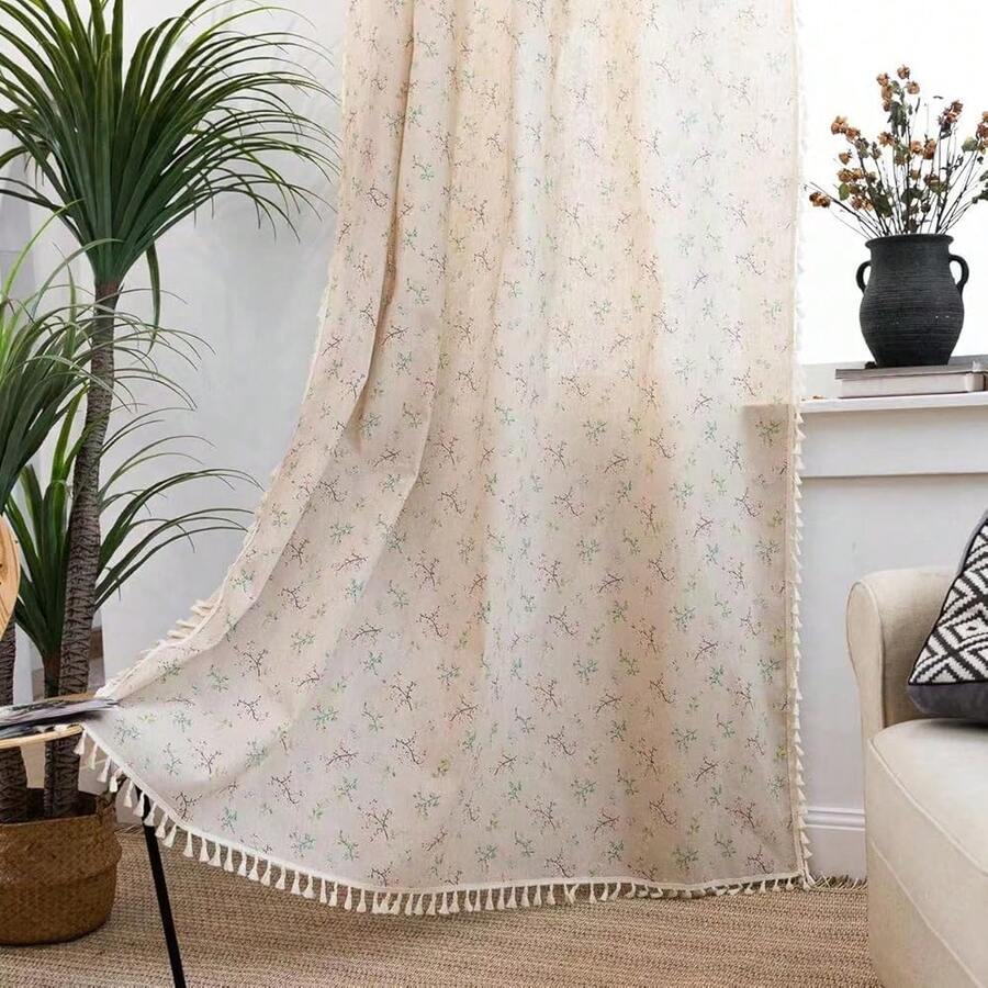 Sutuo Home Florals Boho Farmhouse Curtains, Semi-Blackout Drape Bohemian Window Treatment Cotton Linen Panel With Tassels For Bedroom Living Room, Rod Pocket, 1 Panel 59" W X 84" L - 花卉圖案0359Wx84LPackof1 - 查看 1