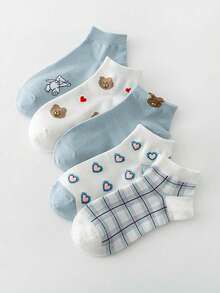 1/5 双可爱卡通熊和心形图案舒适短袜，秋季袜子