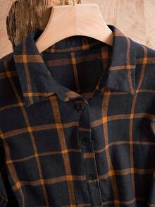 Robe longue à manches longues vintage à carreaux pour femmes grandes tailles, automne - Bleu marine - Voir 3