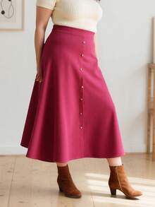 Plus Size Ribbed Knit Skirt With Pearl Buttons - Hot Pink A-Line Midi Skirt For Women, Stretchy Comfort Fit Office To Weekend Skirt, Elegant Front Button Design With Flared Hemline - 玫紅色 - 查看 2